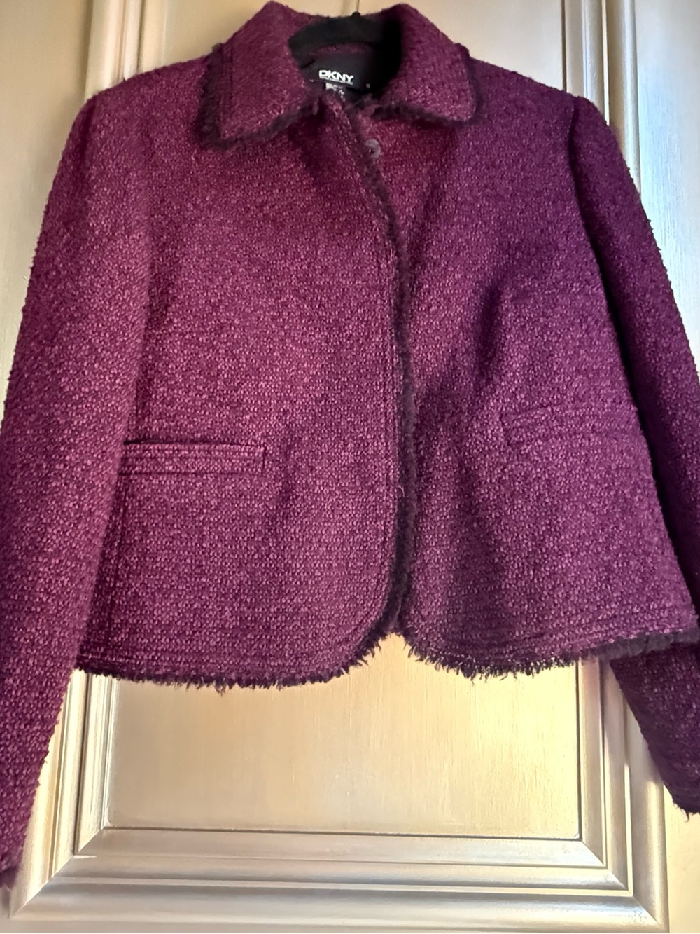 DKNY Textured Plum Cropped Bouclé Blazer